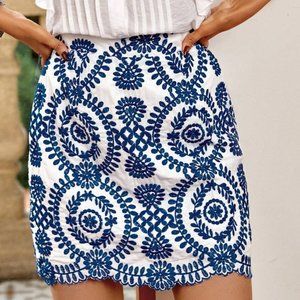 Boho Embroidery Allover Print Scallop Trim Skirt Blue And White